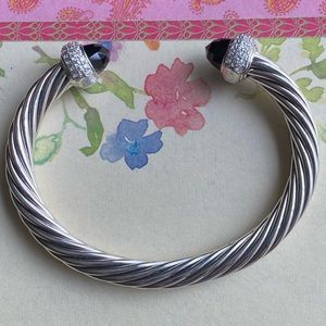 Sterling Twisted Cable3 Pave Genuine Diamonds Faceted Black Onyx Tips Cuff.